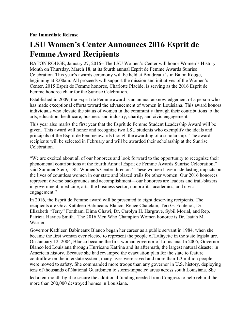LSU Women S Center Announces 2016 Esprit De Femme Award Recipients