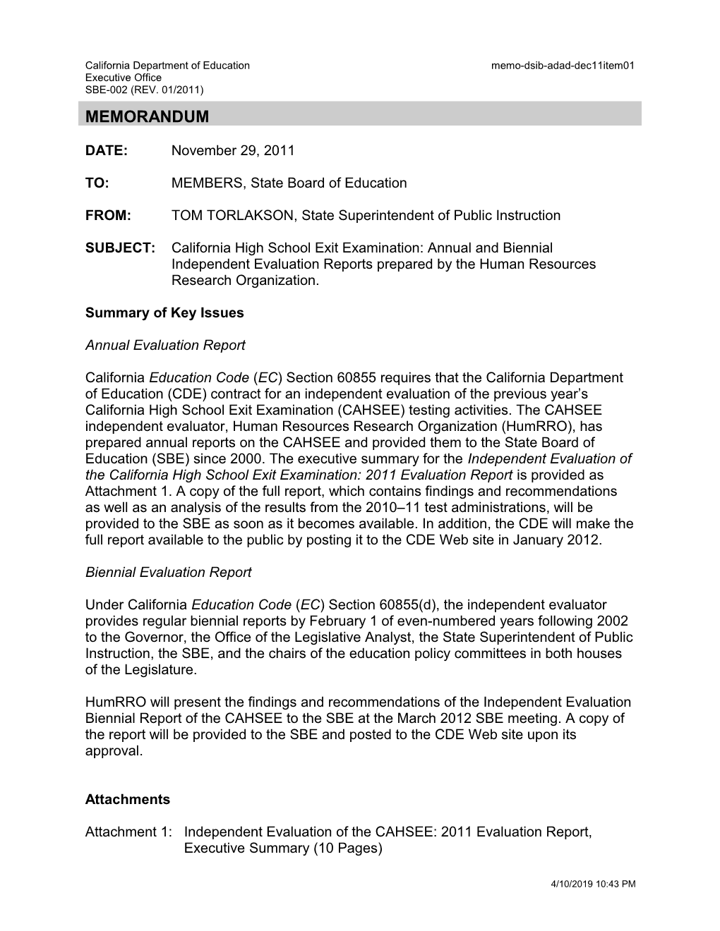 December 2011 Memorandum ADA Item 1 - Information Memorandum (CA State Board of Education)