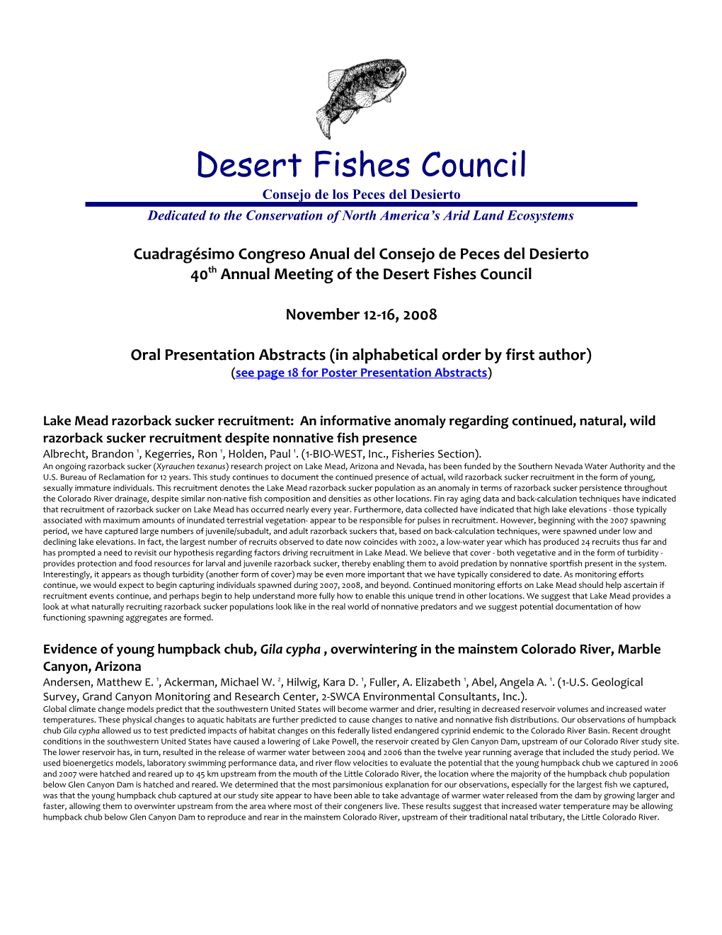 Desert Fishes Council 2008 Meeting Abstracts with Program