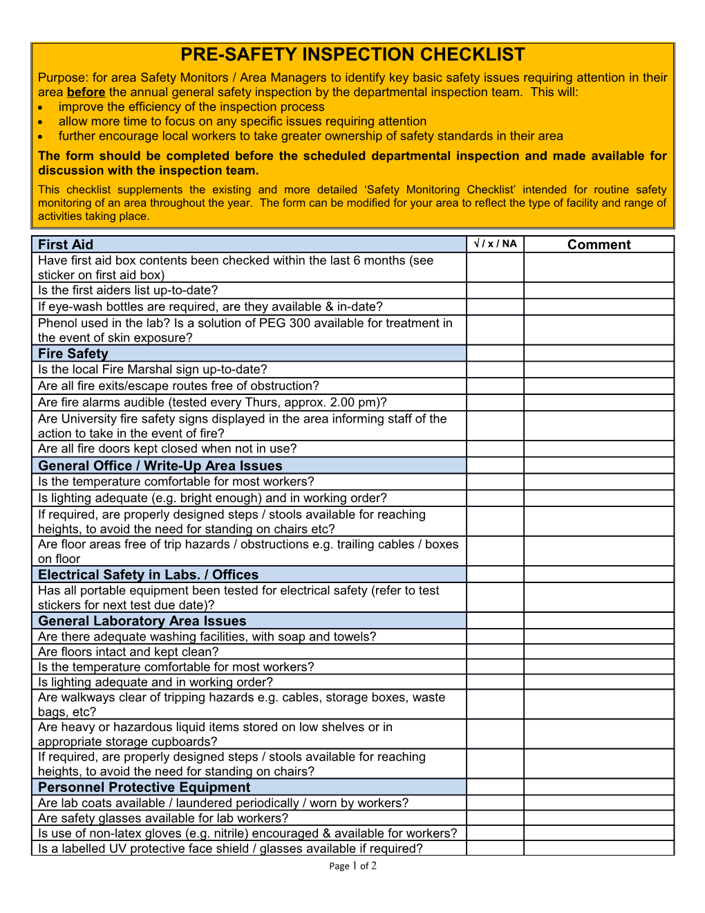 Pre-Safety Inspection Checklist