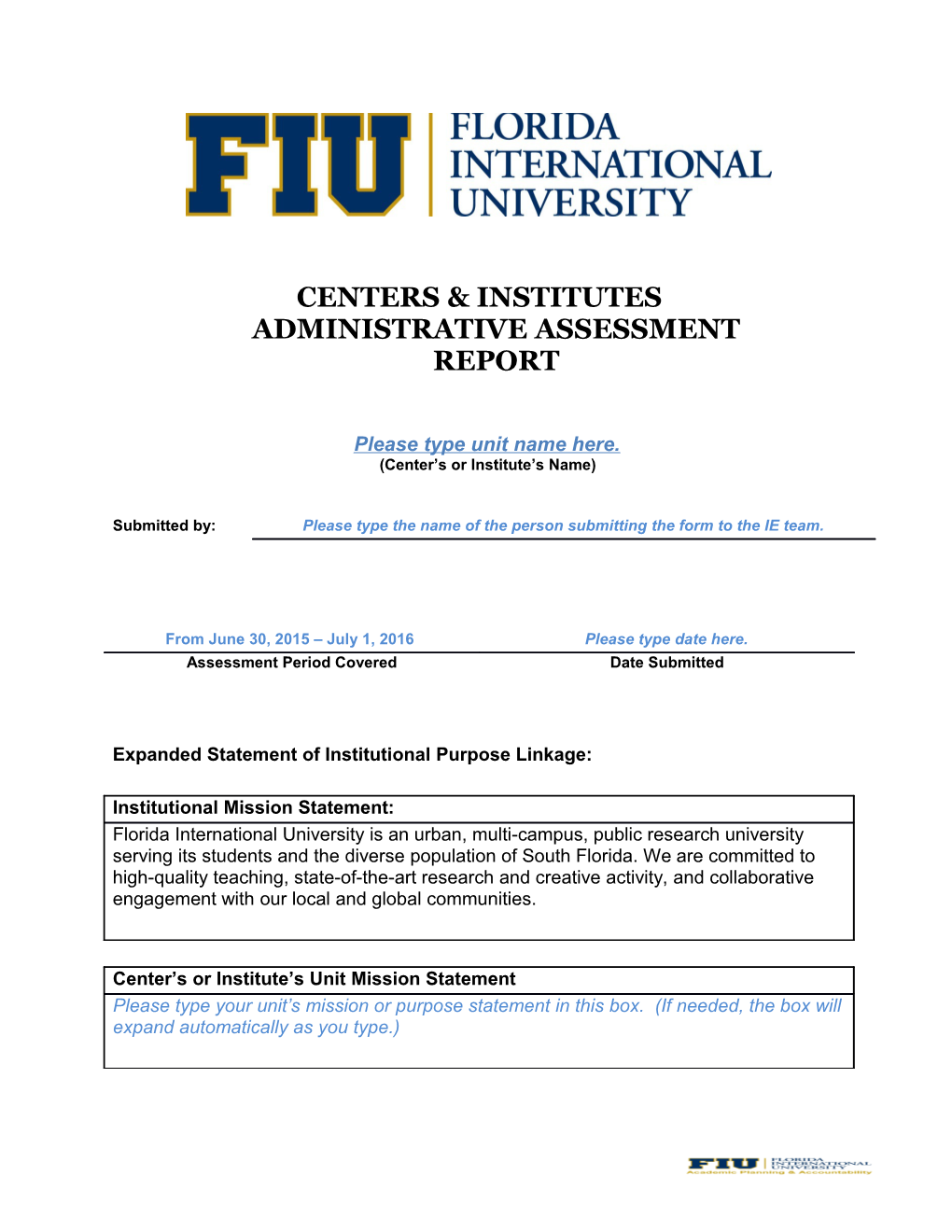Centers & Institutes Administrative Assessment Report
