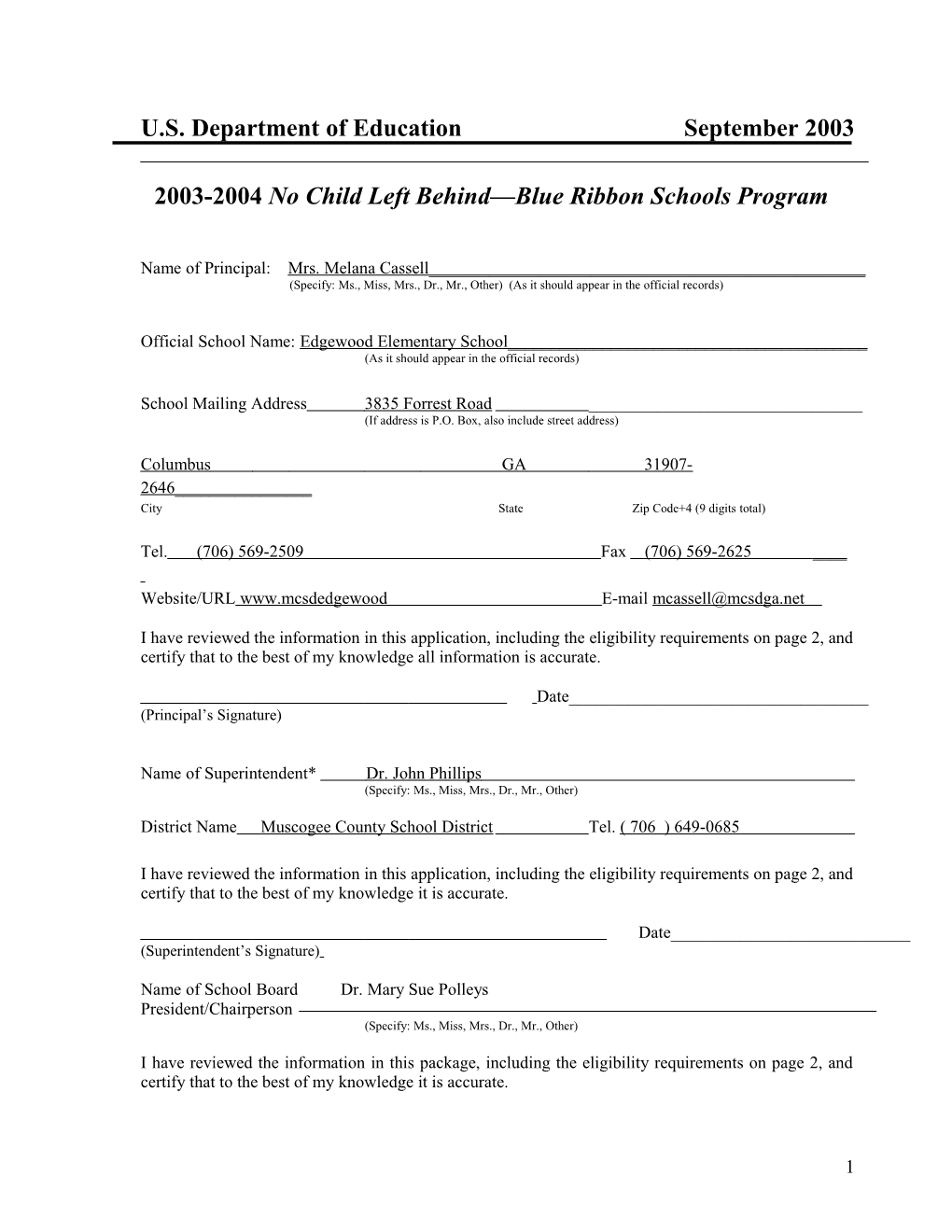 Edgewood Elementary School 2004 No Child Left Behind-Blue Ribbon School Application (Msword)