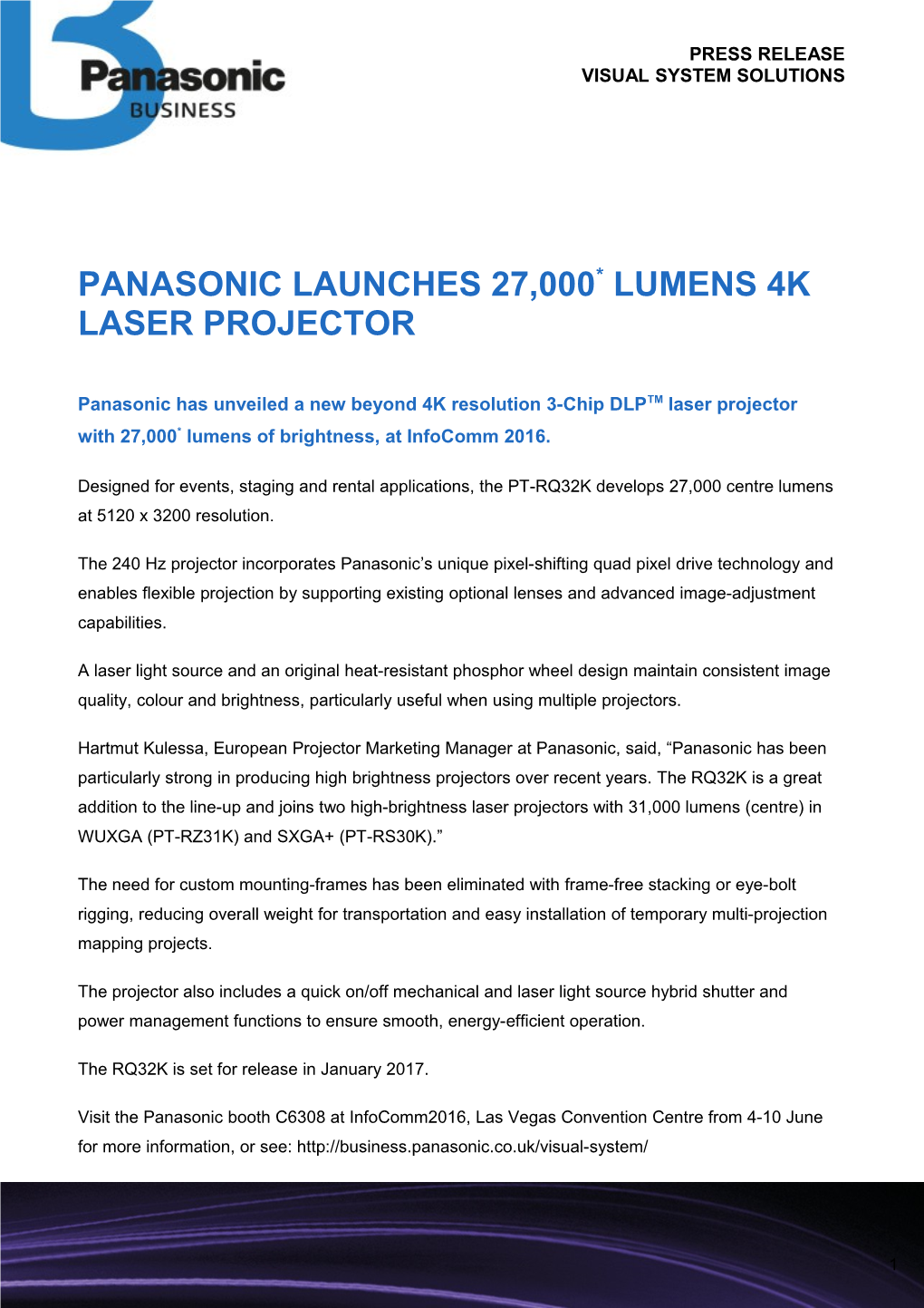 Panasonic Launches 27,000* Lumens 4K Laser Projector