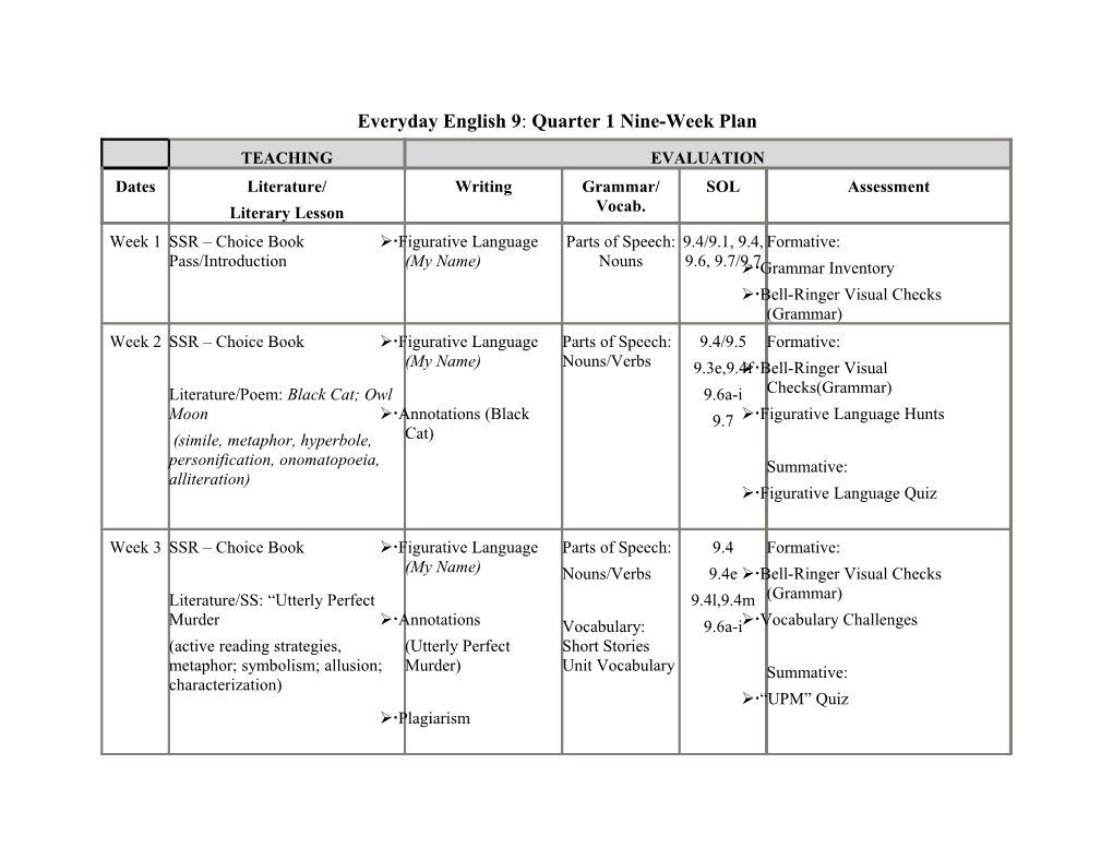 Everyday English 9: Quarter 1 Nine-Week Plan