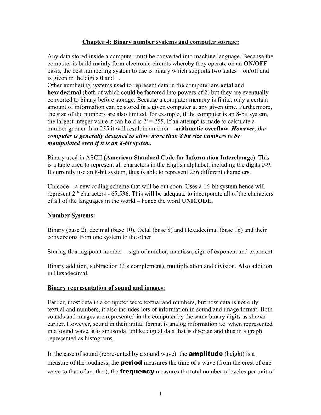 Chapter 4: Binary Number Systems and Computer Storage