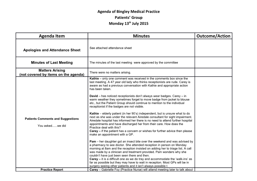 Agenda of Bingley Medical Practice