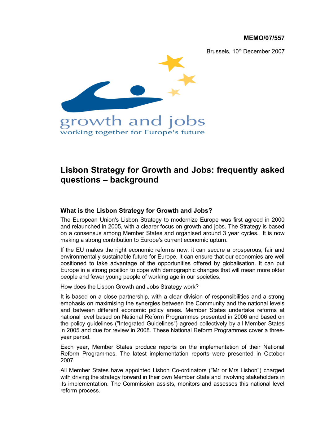 Lisbon Strategy for Growth and Jobs: Frequently Asked Questions Background