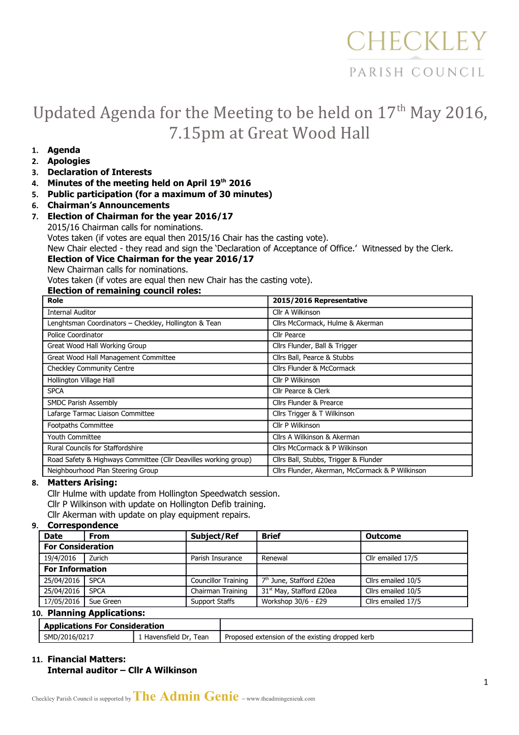 Updated Agenda for the Meeting to Be Held on 17Th May 2016, 7.15Pm at Great Wood Hall