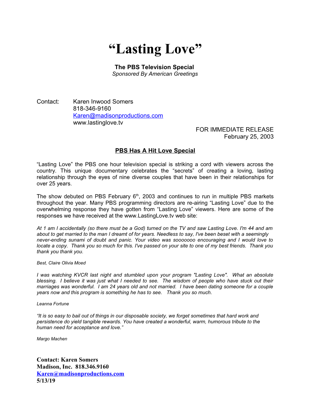 Lasting Love Show Description