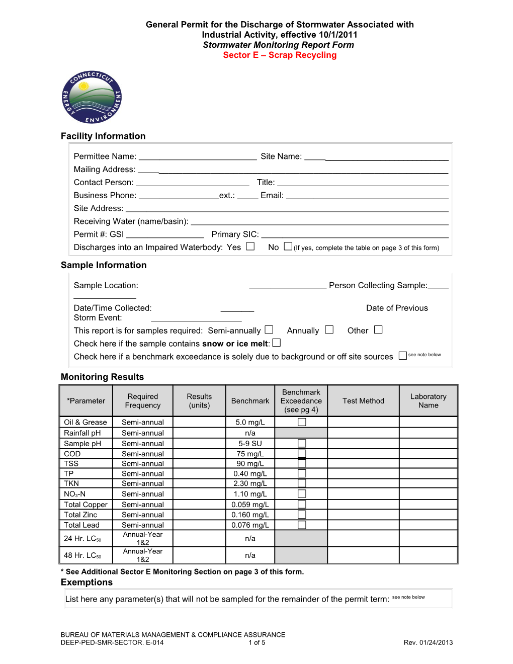 Stormwater Monitoring Form Sector E Scrap Recycling Facilities