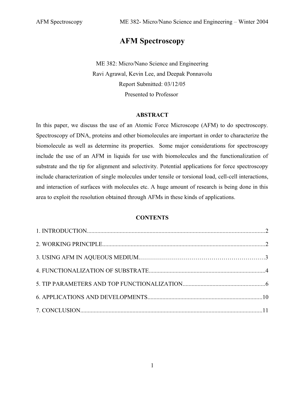 AFM Spectroscopy ME 382- Micro/Nano Science and Engineering Winter 2004