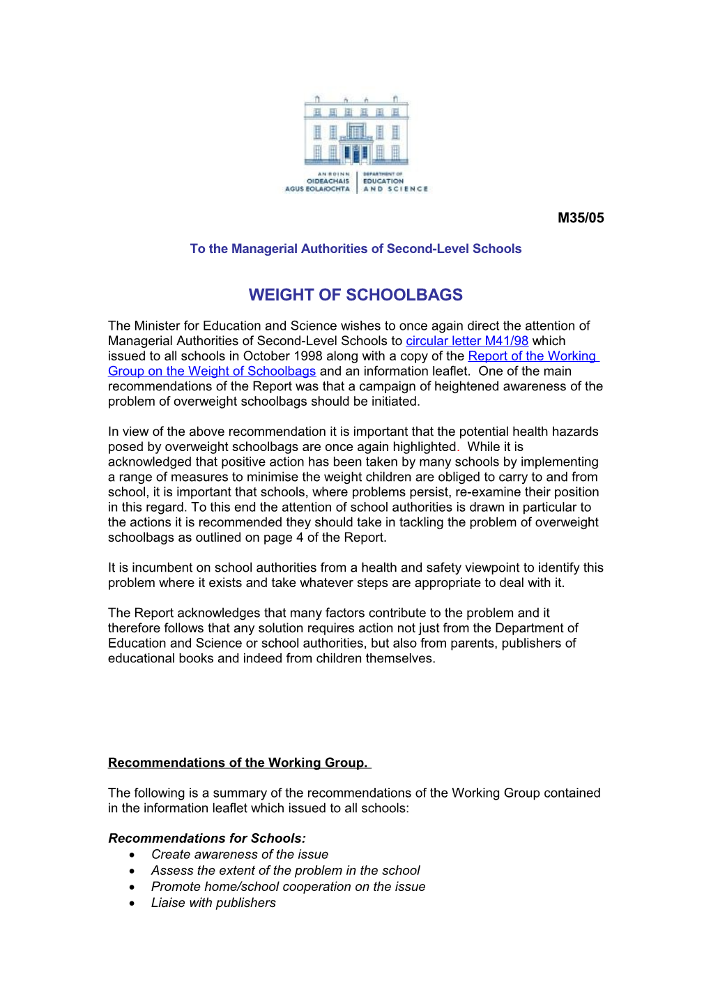 Circular M35/05 - Weight of Schoolbags (File Format Word 45KB)