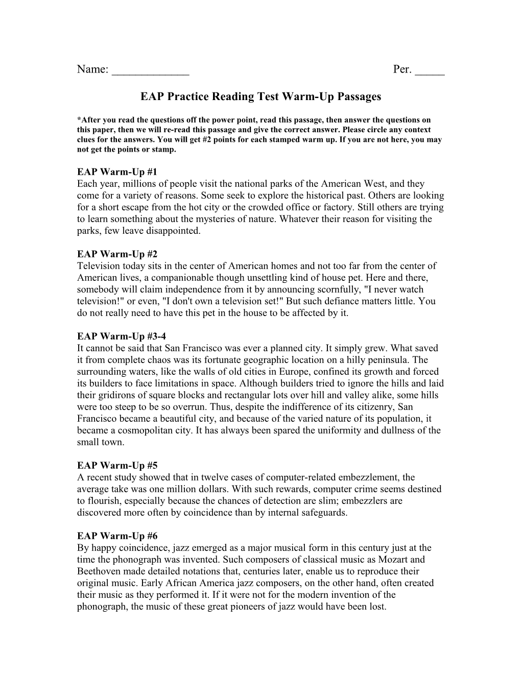 EAP Practice Reading Test Warm-Up Passages