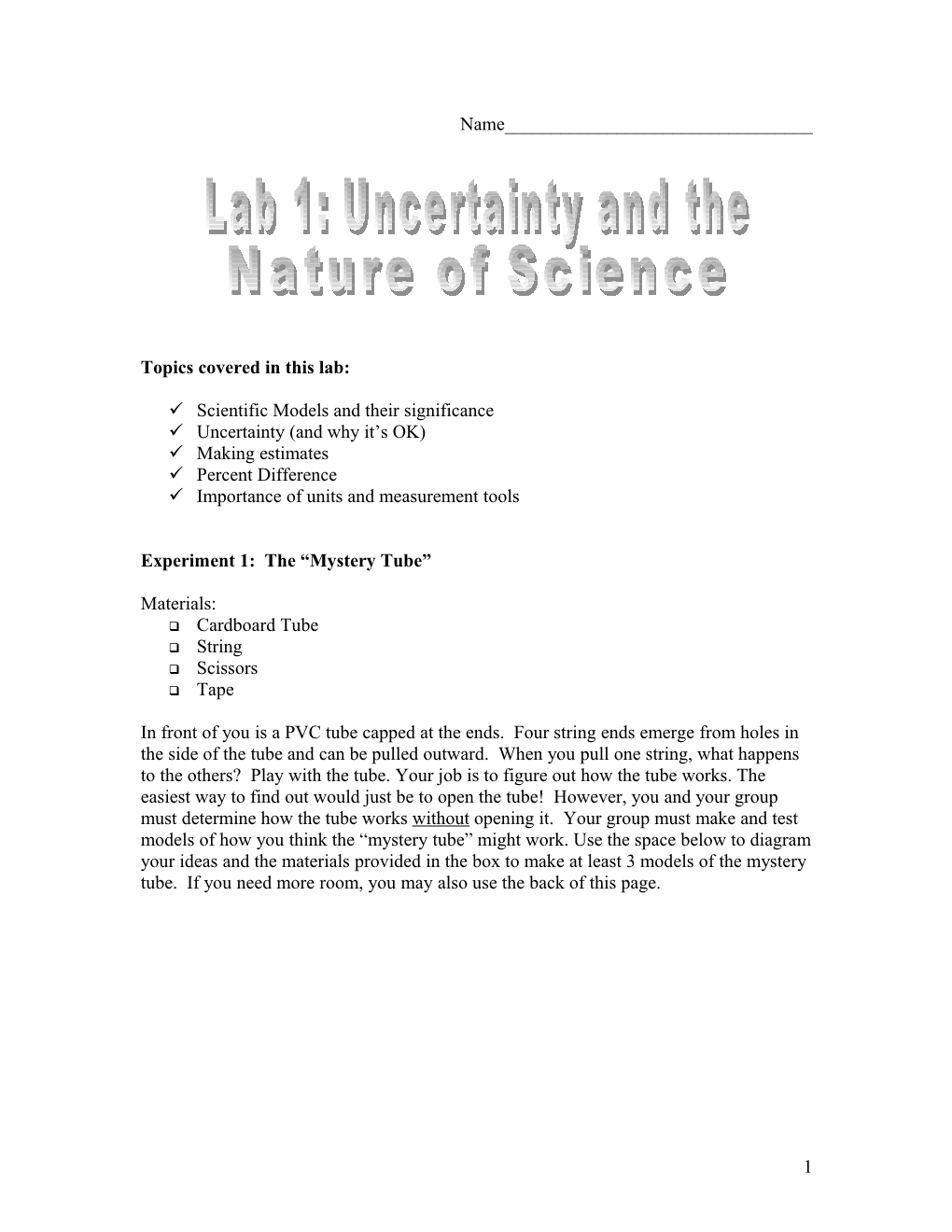 Uncertainty and the Nature of Science Lab 1