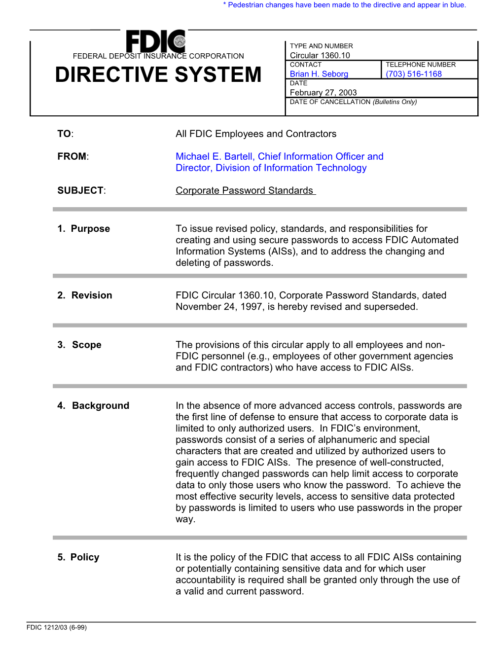 Circular 1360.10, Corporate Password Standards