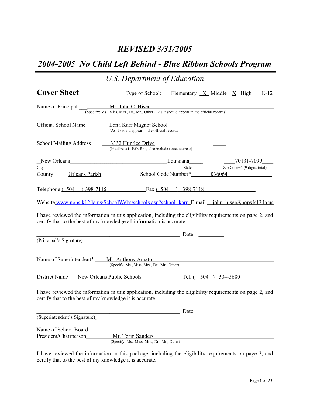 Edna Karr Magnet School Application: 2004-2005, No Child Left Behind - Blue Ribbon Schools