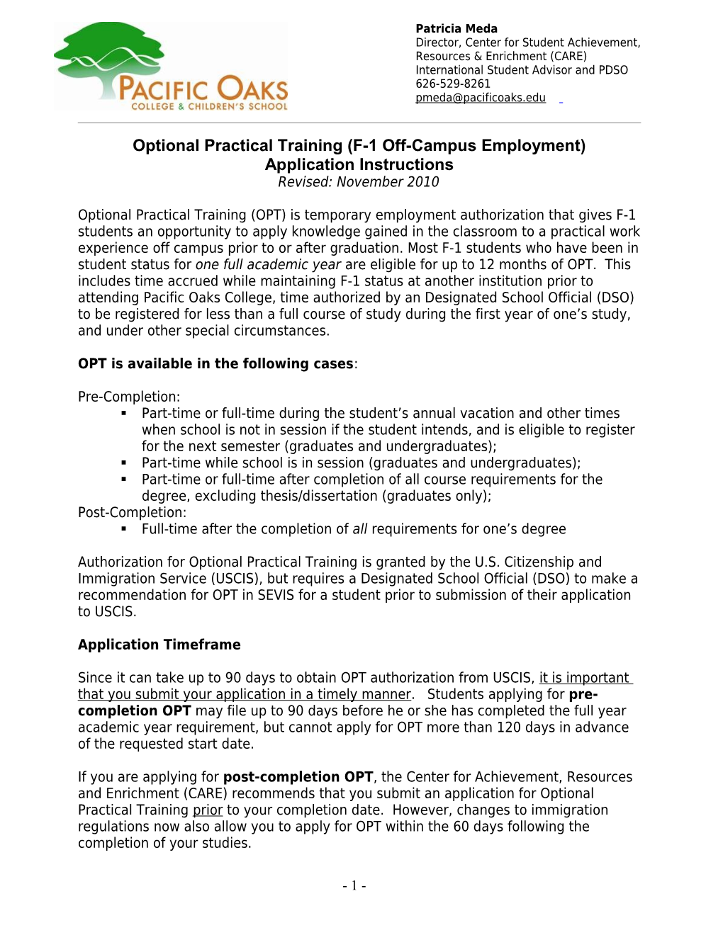 Optional Practical Training (F-1 Off-Campus Employment)