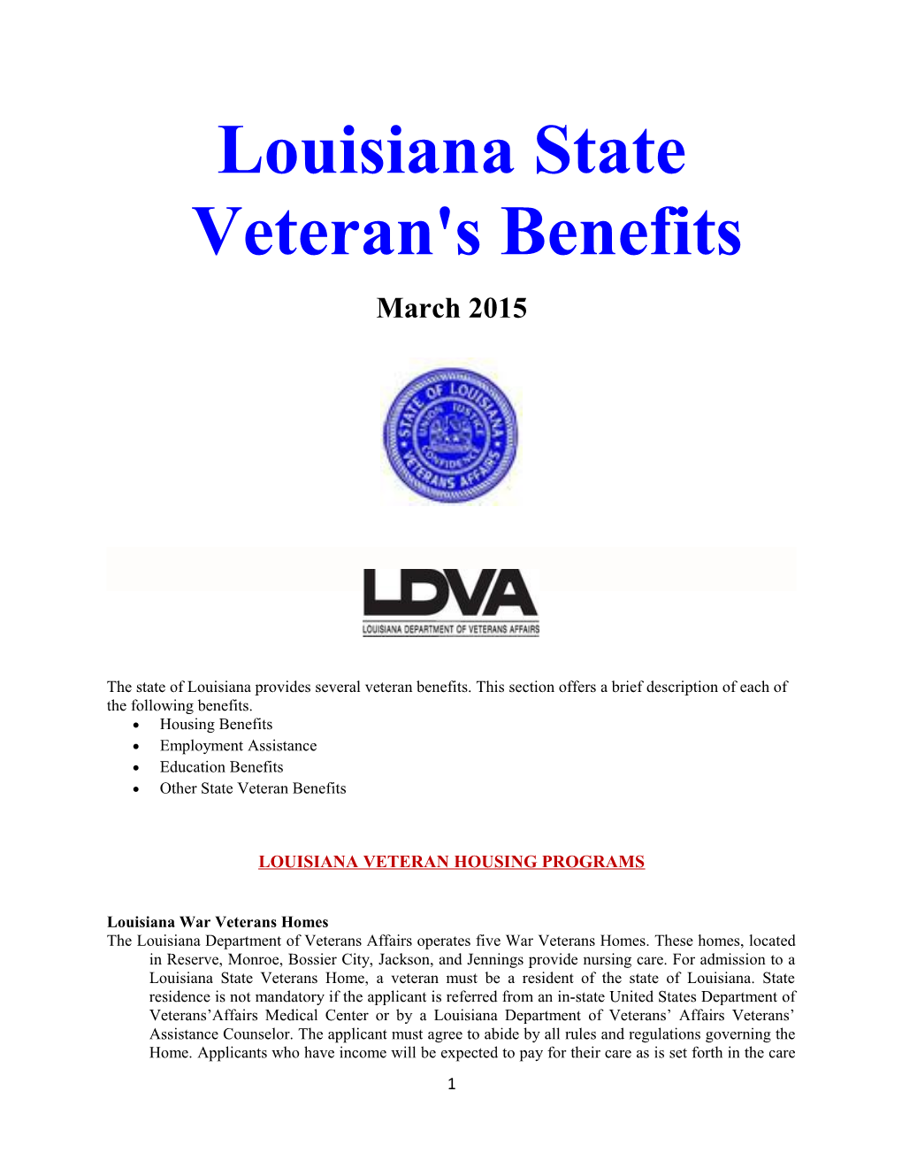 Louisiana State Veteran's Benefits