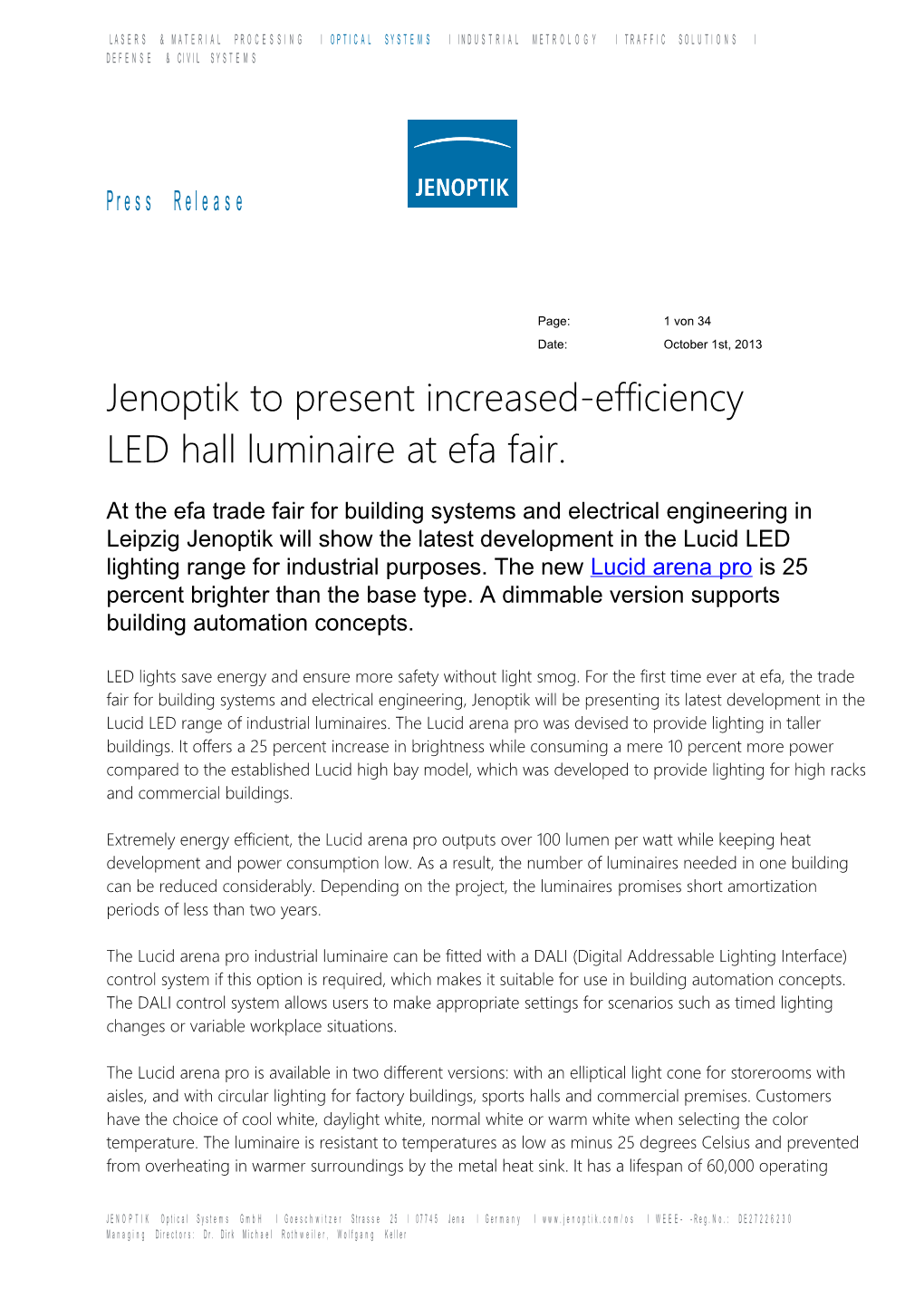 Jenoptik to Present Increased-Efficiency Ledhall Luminaire at Efa Fair