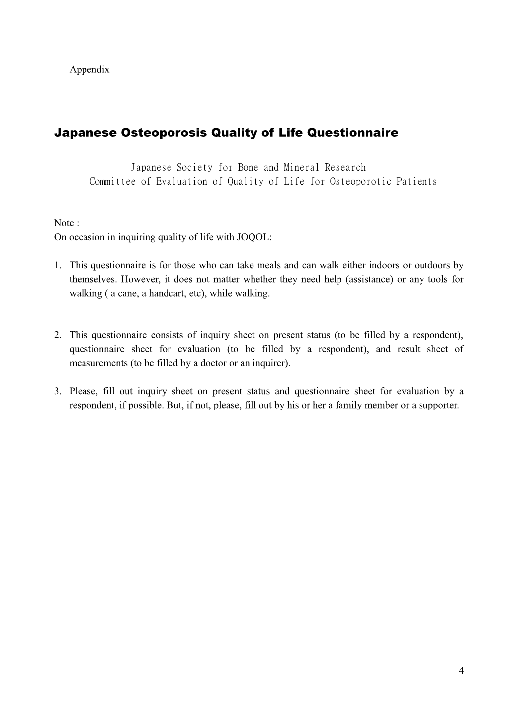 Japanese Osteoporosis Quality of Life Questionnaire