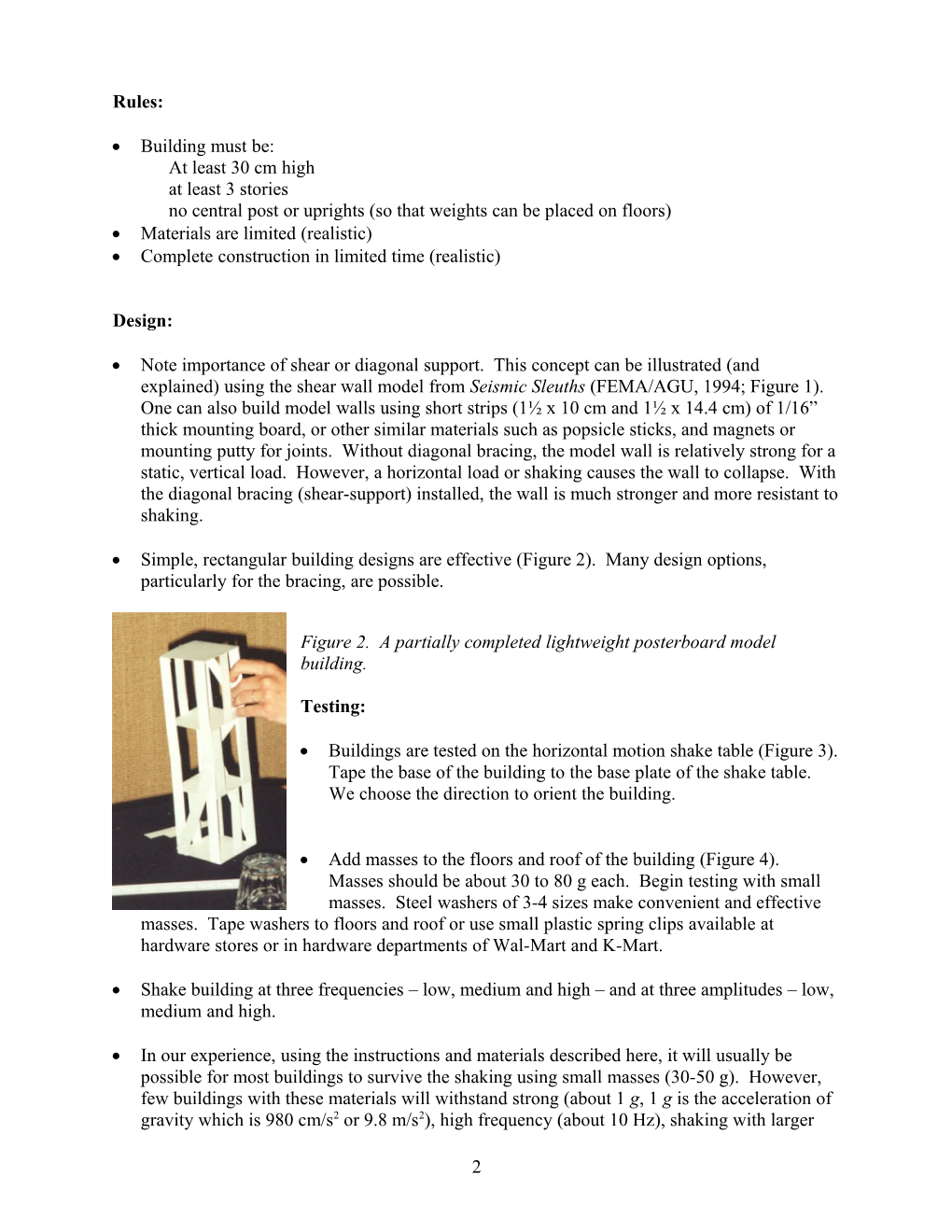Instructions for Model Buildings for Building Contest and Shake Table Testing