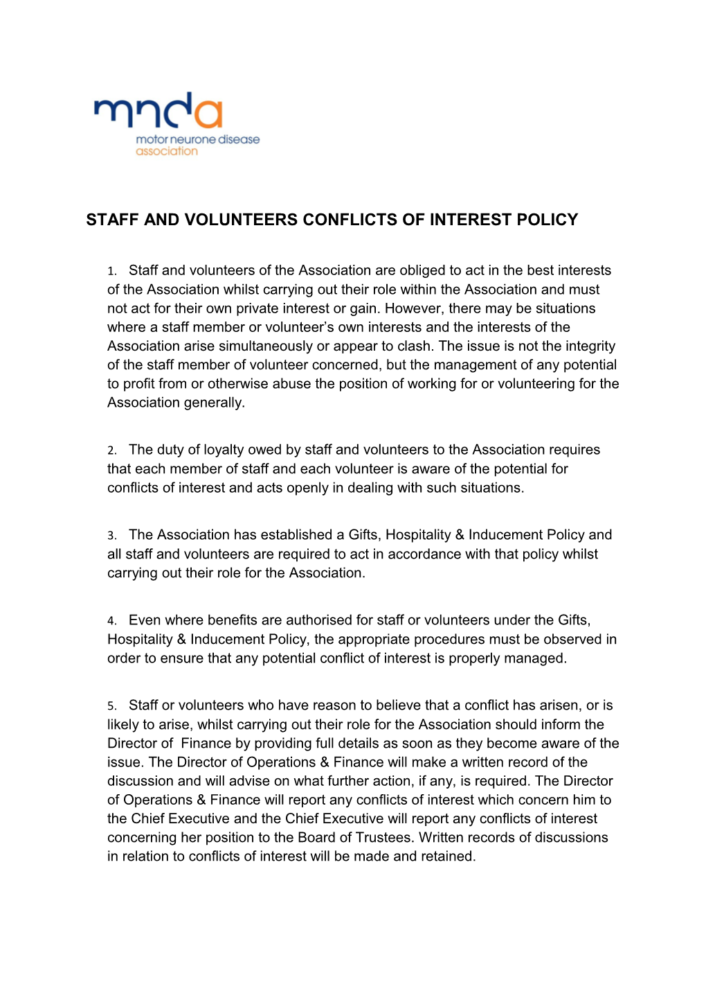 Staff and Volunteers Conflicts of Interest Policy