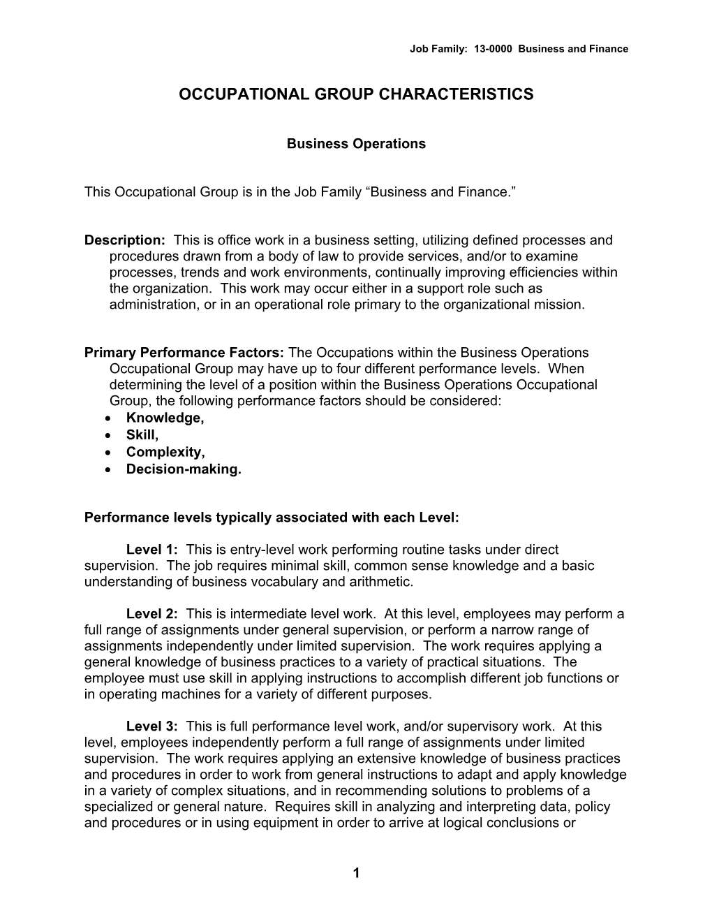 Occupational Group Characteristics - Levels and Requirements