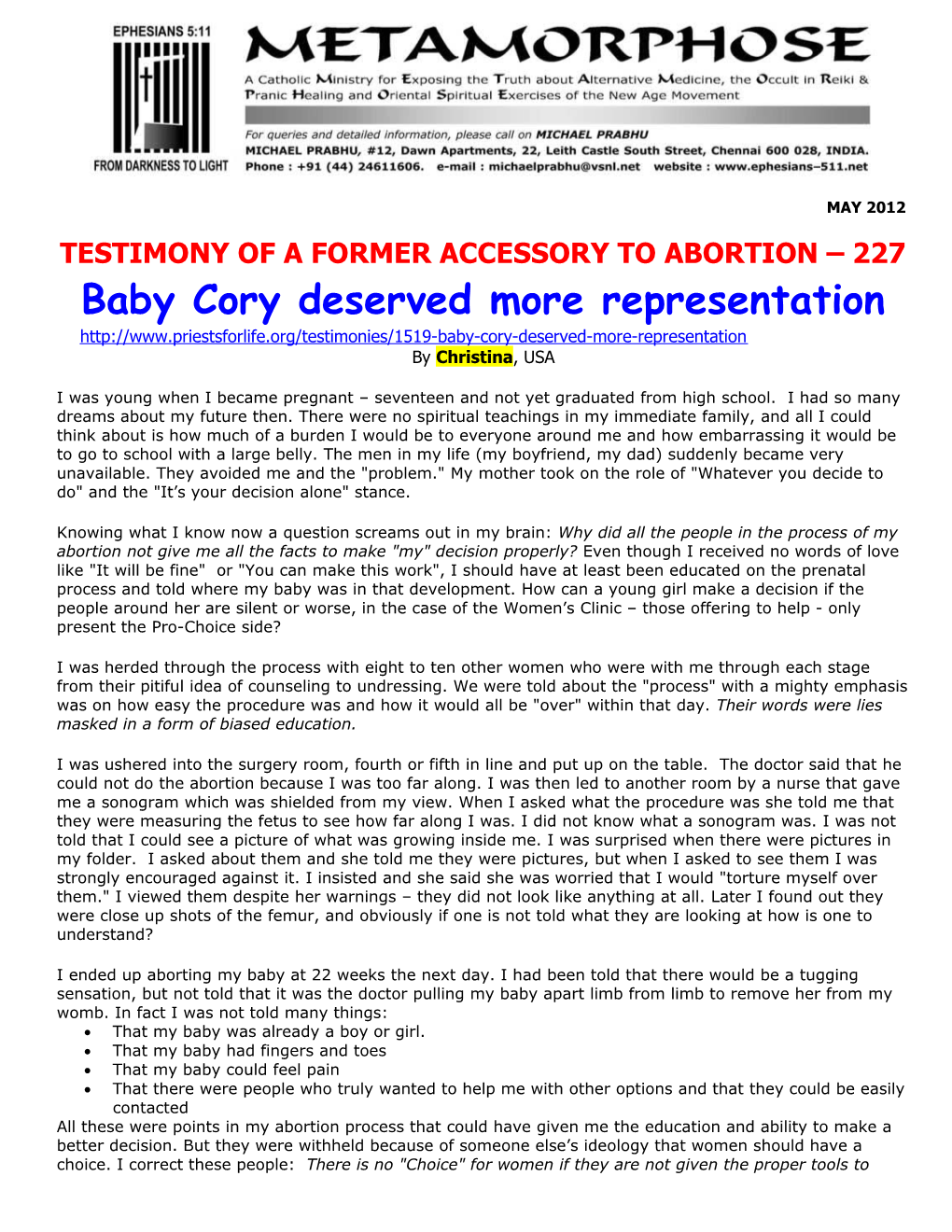 Testimony of a Former Accessory to Abortion 227