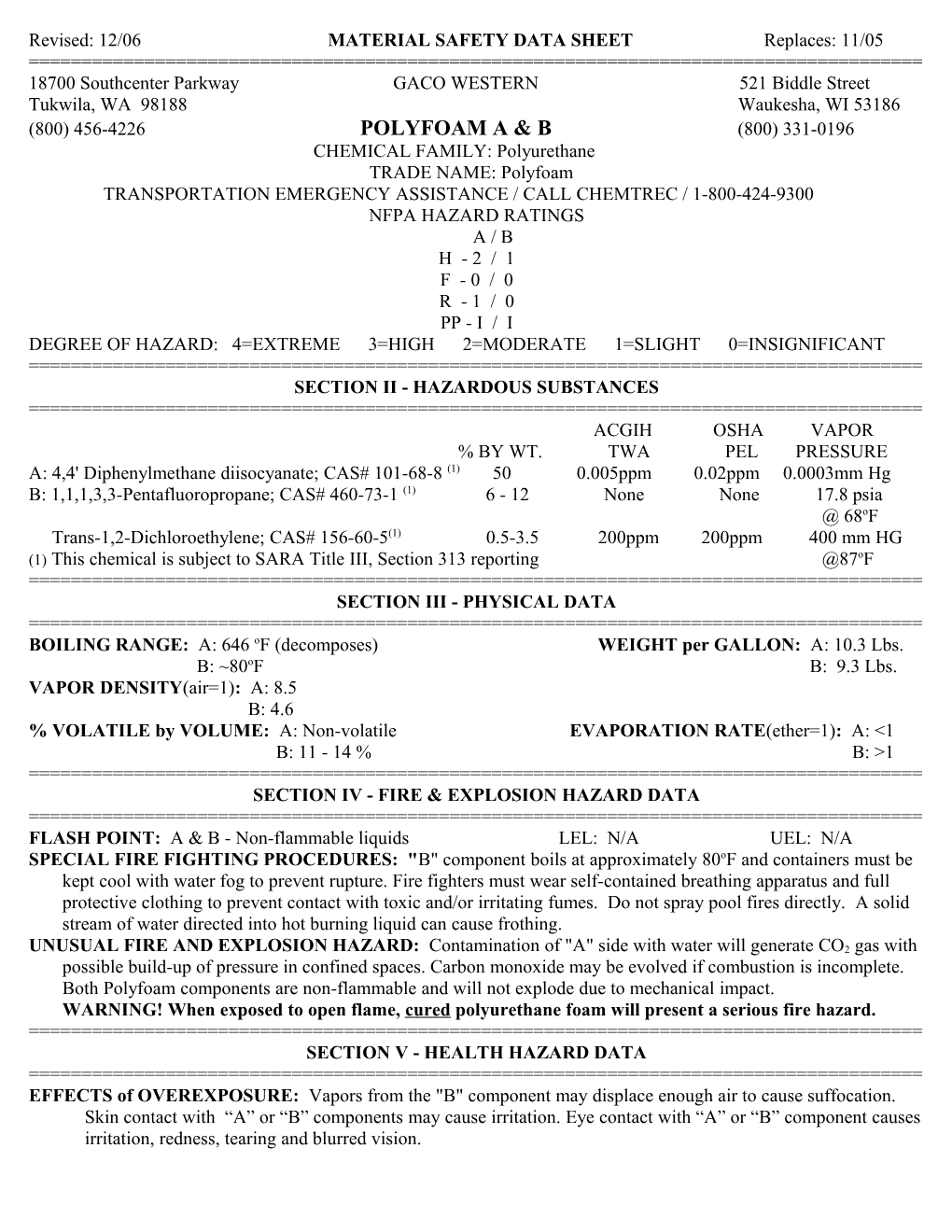 Revised: 6/95 MATERIAL SAFETY DATA SHEET Replaces: 8/93