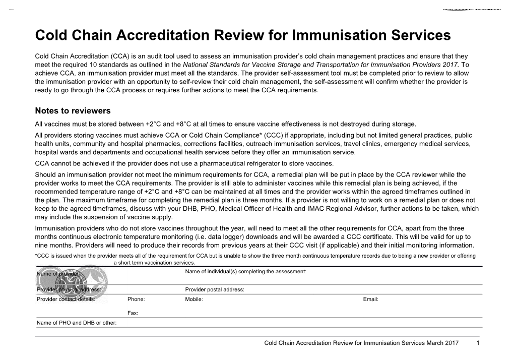 Cold Chain Accreditation Immunisation Provider Review 2013