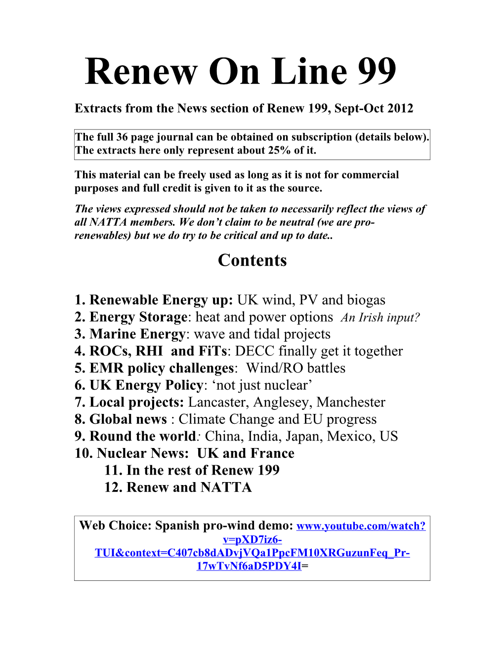 Extracts from the News Section of Renew 199, Sept-Oct 2012