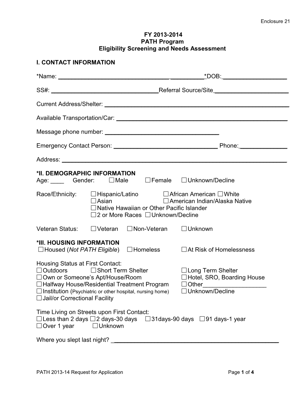 PATH Eligibility Screening and Needs Assessment