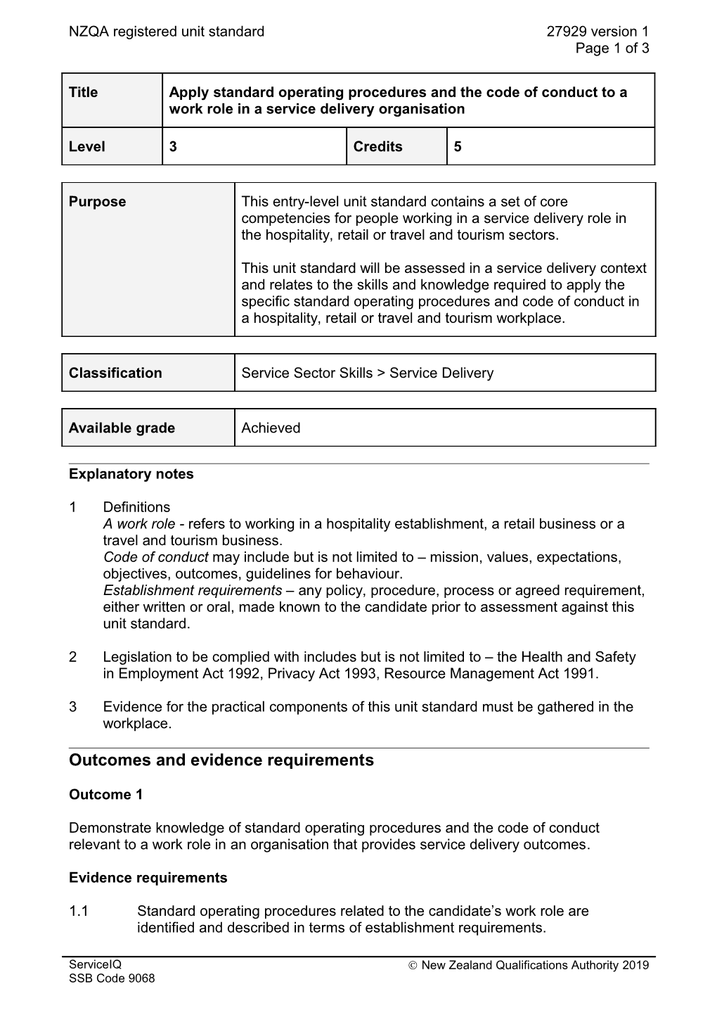 27929 Apply Standard Operating Procedures and the Code of Conduct to a Work Role in a Service