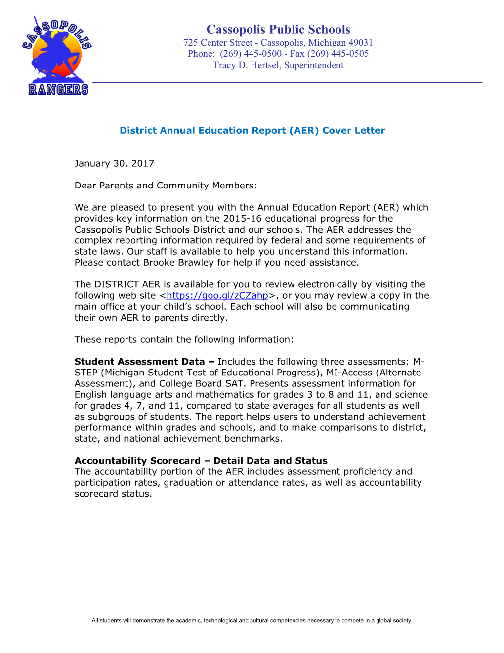 District Annual Education Report (AER) Cover Letter