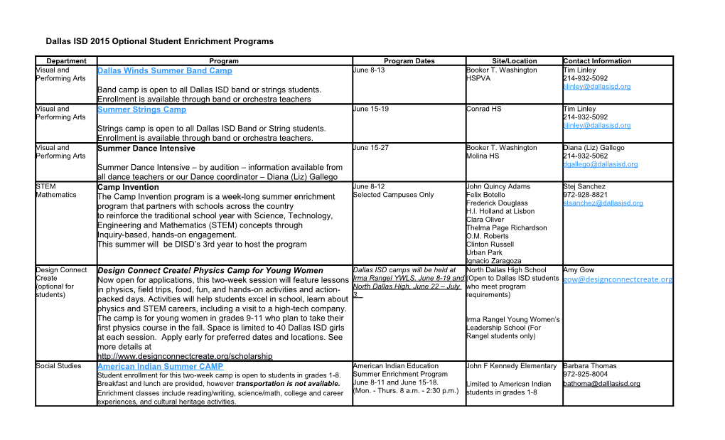 Dallas ISD 2015 Optional Student Enrichment Programs