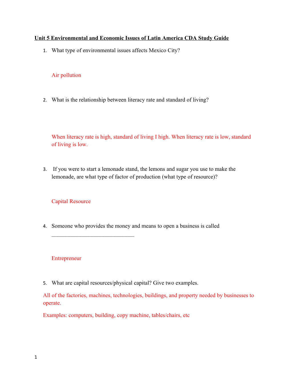 Unit 5 Environmental and Economic Issues of Latin America CDA Study Guide