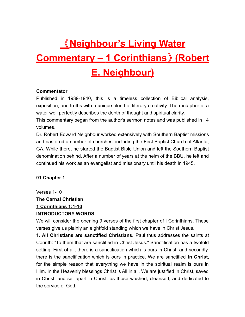 Neighbour S Living Water Commentary 1 Corinthians (Robert E. Neighbour)