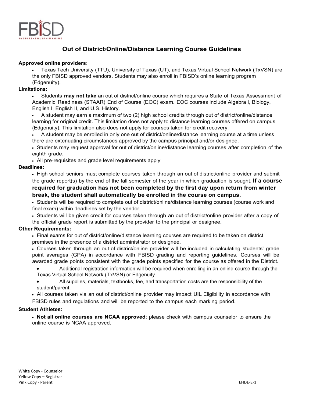 Out of District/Online/Distance Learning Course Guidelines