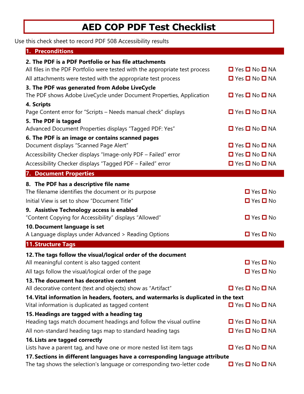 AED COP PDF Test Check Sheet