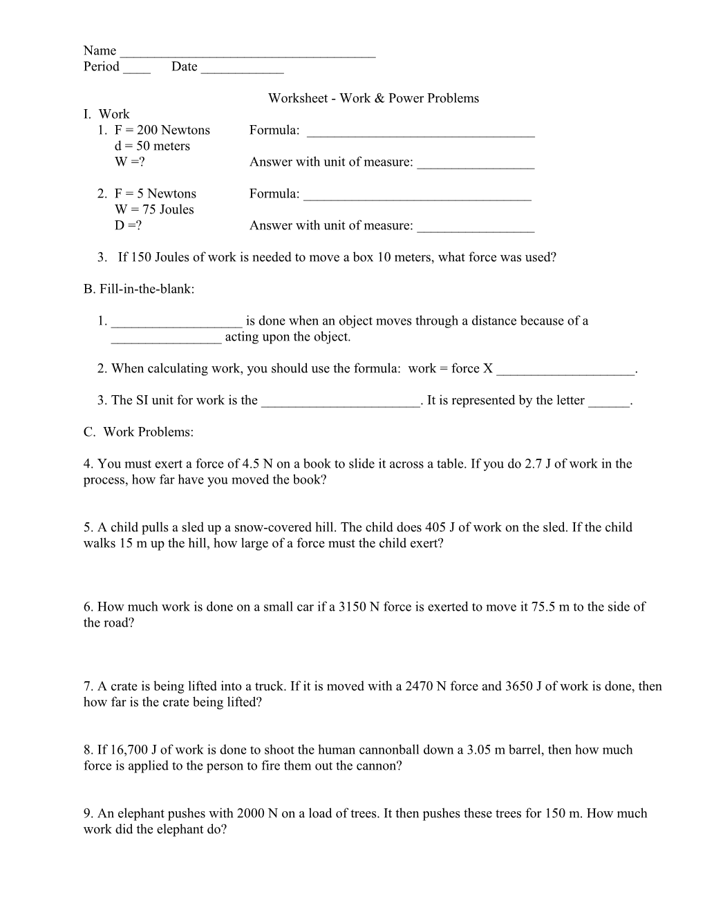 Worksheet - Work & Power Problems