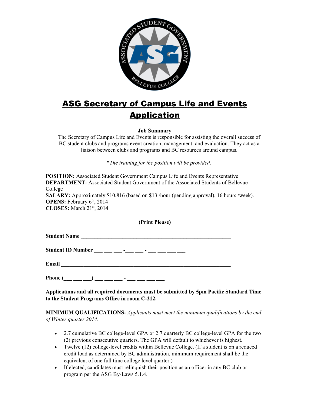 ASG Secretary of Campus Life and Events Application