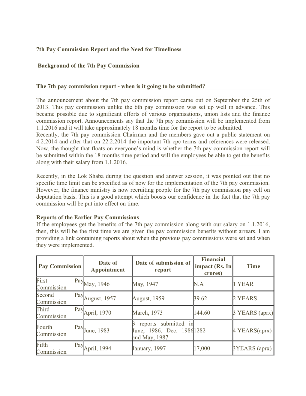 7Th Pay Commission Report and the Need for Timeliness