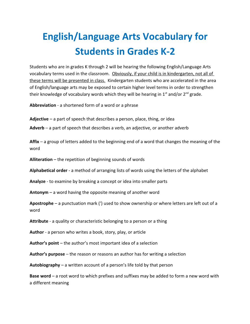 English/Language Arts Vocabulary for Students in Grades K-2