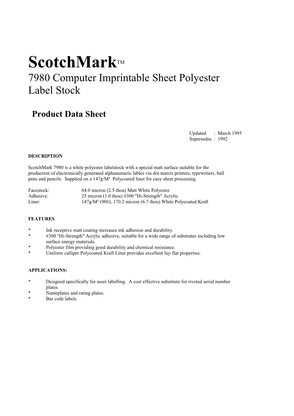 7980 Computer Imprintable Sheet Polyester