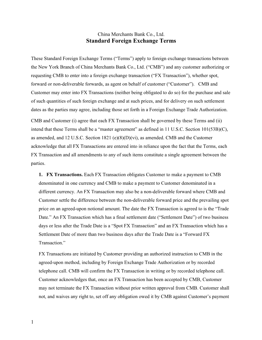 Standard Foreign Exchange Terms