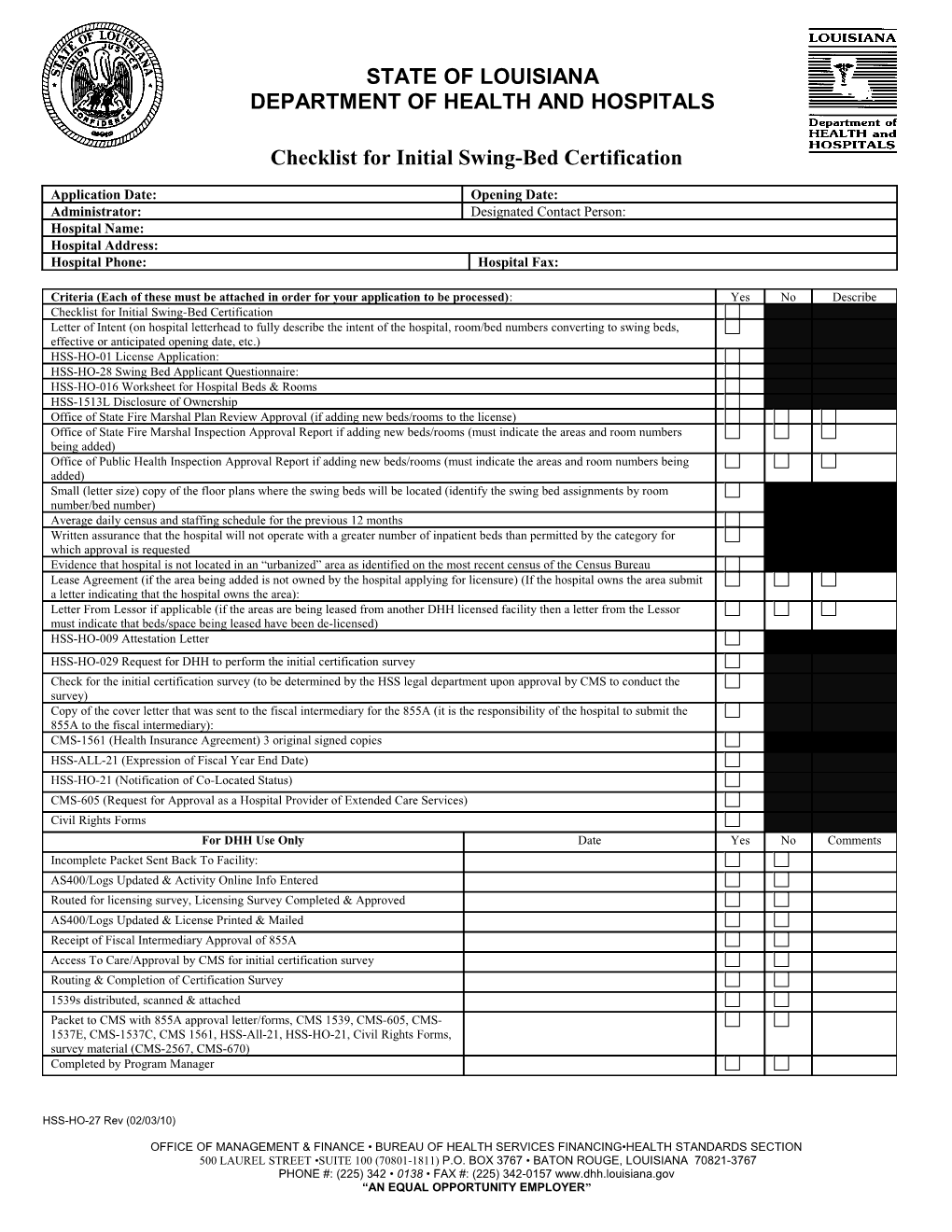 Checklist for Initial Swing-Bed Certification