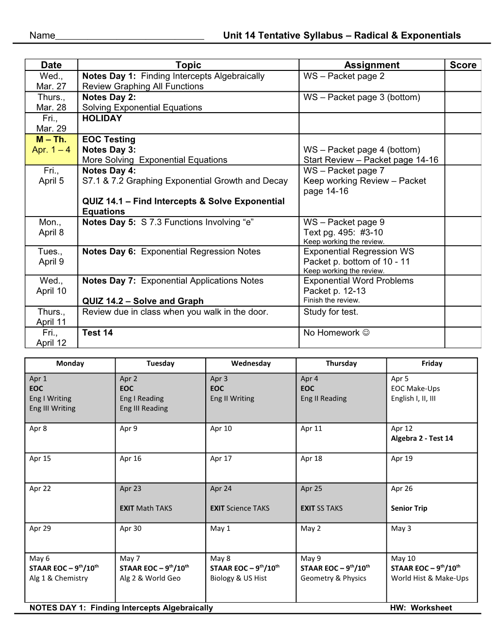 Name Unit 14 Tentative Syllabus Radical & Exponentials