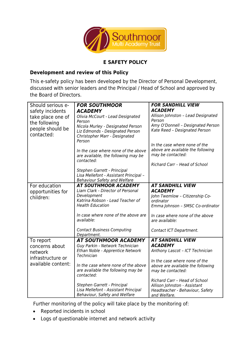 Further Monitoring of the Policy Will Take Place by the Monitoring Of