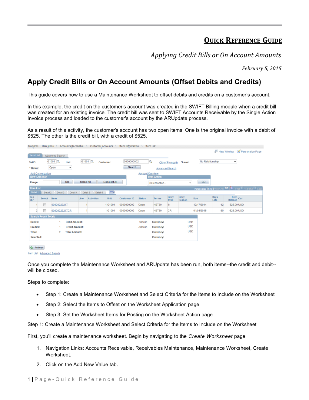 Applying Credit Bills Or on Account Amounts Quick Reference Guides