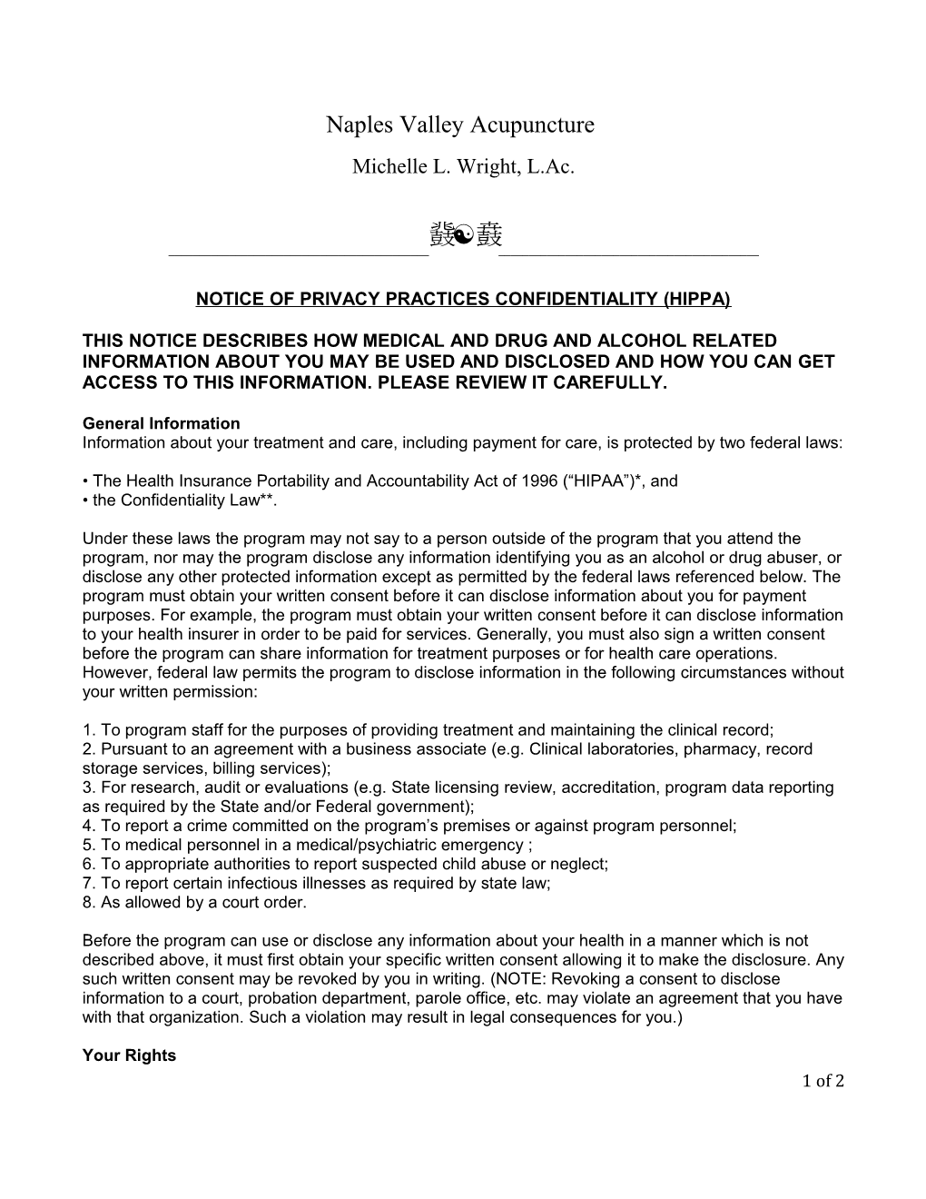 Notice of Privacy Practices Confidentiality (Hippa)